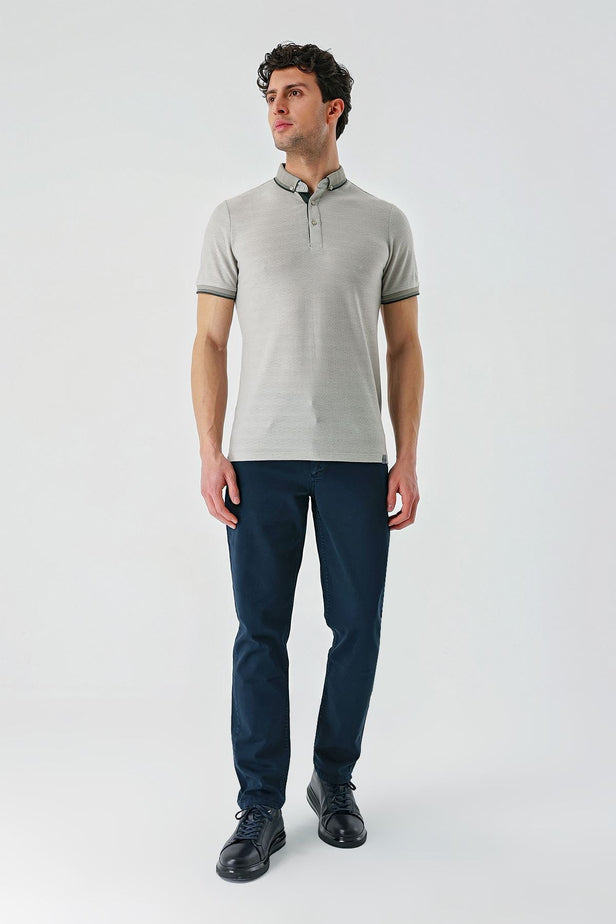White Short Sleeve Self Patterned Jacquard Button Collar Pocket Slim Fit T-Shirt 1011240175