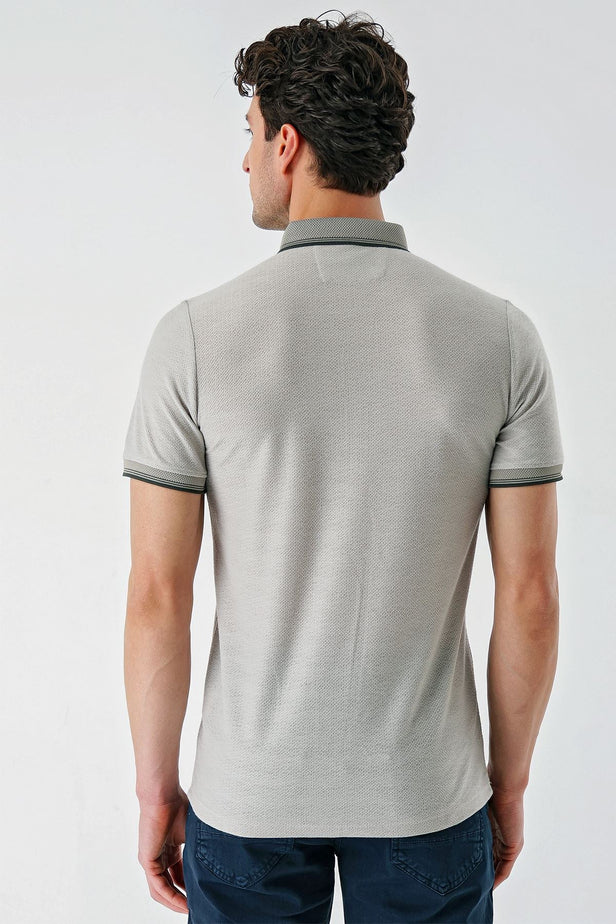 White Short Sleeve Self Patterned Jacquard Button Collar Pocket Slim Fit T-Shirt 1011240175