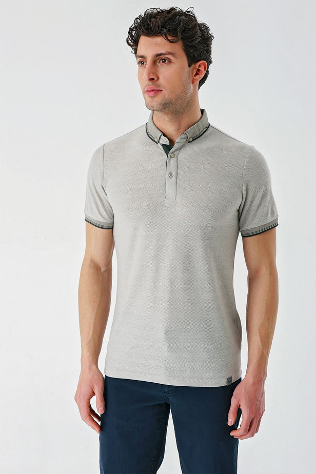 White Short Sleeve Self Patterned Jacquard Button Collar Pocket Slim Fit T-Shirt 1011240175