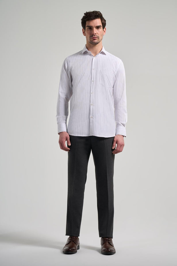 White Long Sleeve Striped Italian Collar Pocket Comfort Fit Shirt 1004250182