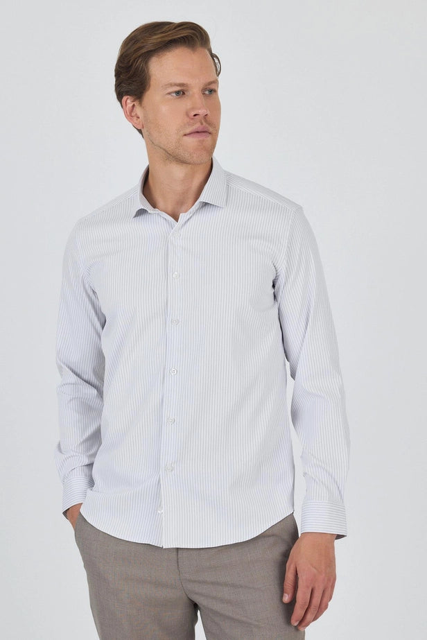 Men's Striped Italian Collar Long-Sleeve Slim Fit Stretch Classic Shirt.