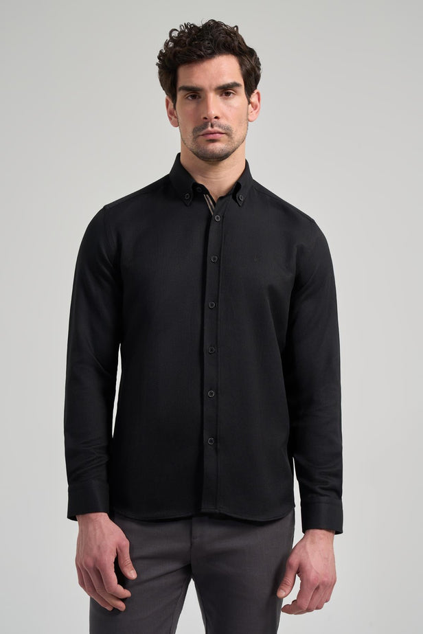 Long Sleeve Self Patterned Button Collar Pocketless Slim Fit Shirt 1004250206