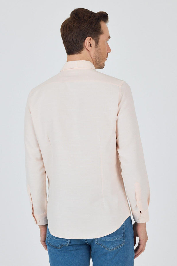 Pink Long Sleeve Self Patterned Button Collar Pocketless Slim Fit Shirt 1004250205