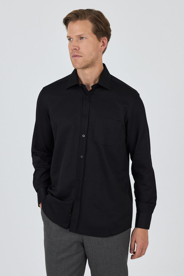 Long Sleeve Self Patterned Textured Hard Collar Pocket Comfort Fit Shirt 1004250178