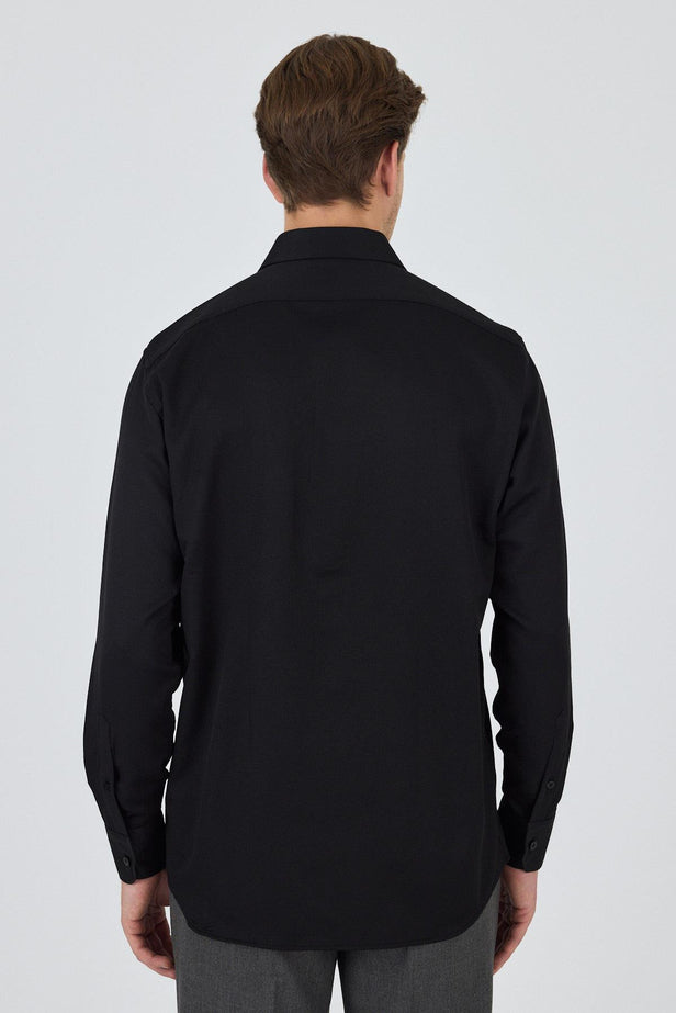 Long Sleeve Self Patterned Textured Hard Collar Pocket Comfort Fit Shirt 1004250178