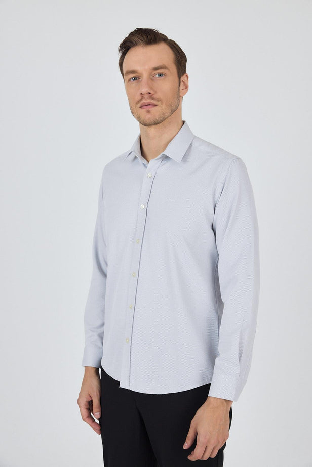 Navy Long Sleeve Self Patterned Hard Collar Pocketless Slim Fit Shirt 1004250184