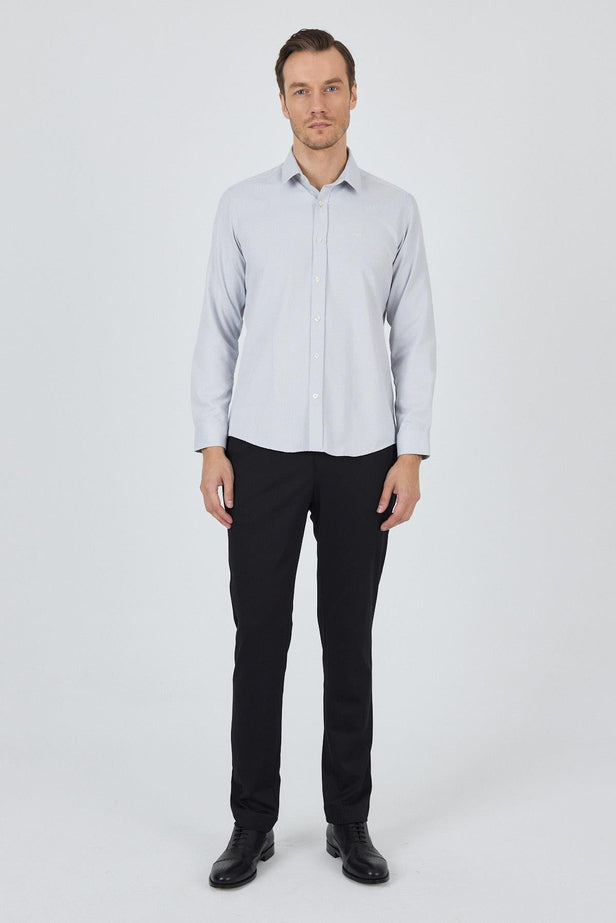 Navy Long Sleeve Self Patterned Hard Collar Pocketless Slim Fit Shirt 1004250184