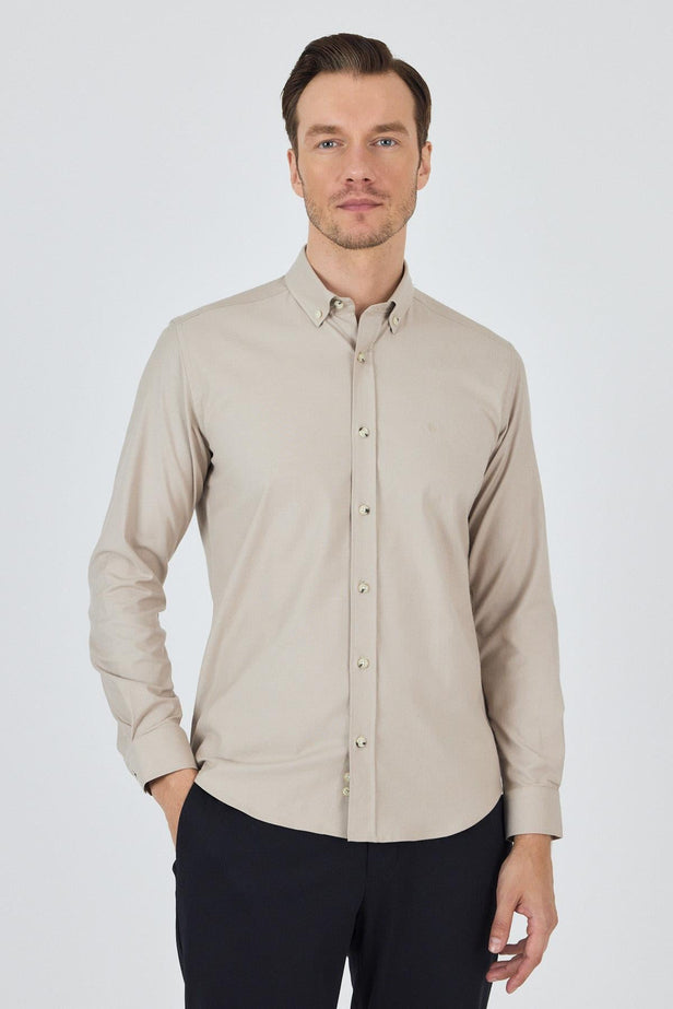 Long Sleeve Plain Weave Button Collar Pocketless Slim Fit Shirt 1004250212