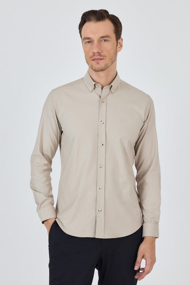 Long Sleeve Plain Weave Button Collar Pocketless Slim Fit Shirt 1004250212
