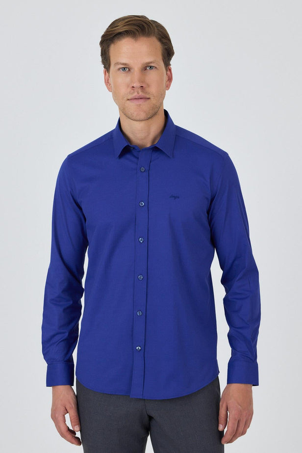 Long Sleeve Hard Collar Pocketless Slim Fit Stretch Shirt 1004250195