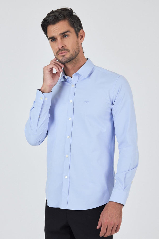 Blue Long Sleeve Self Patterned Hard Collar Comfort Fit Shirt 1004250219