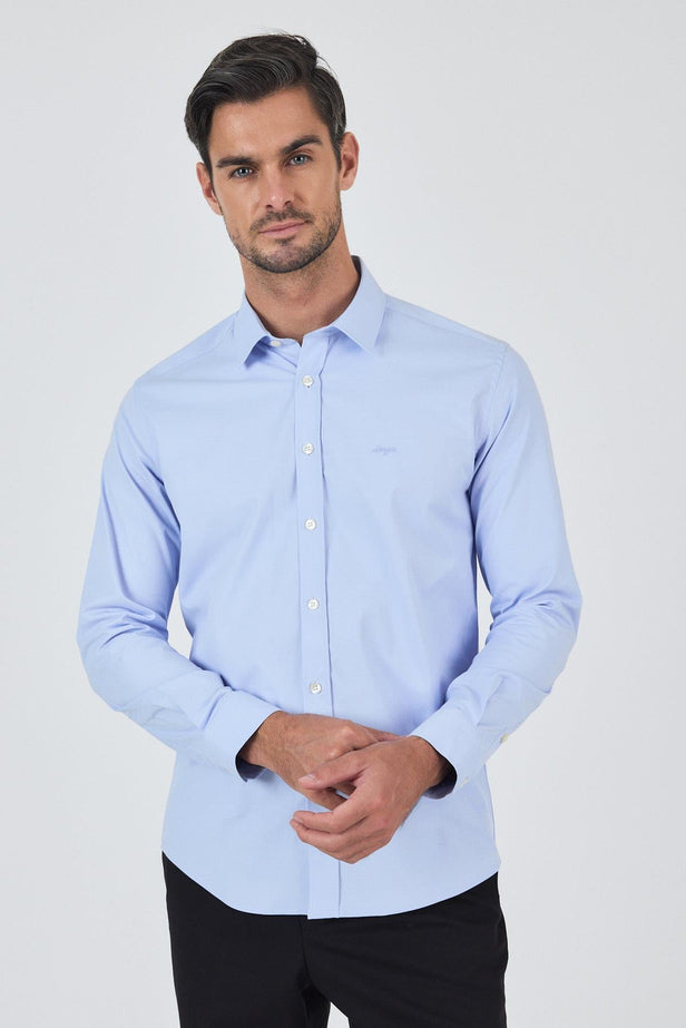 Blue Long Sleeve Self Patterned Hard Collar Comfort Fit Shirt 1004250219