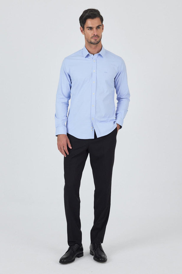 Blue Long Sleeve Self Patterned Hard Collar Comfort Fit Shirt 1004250219