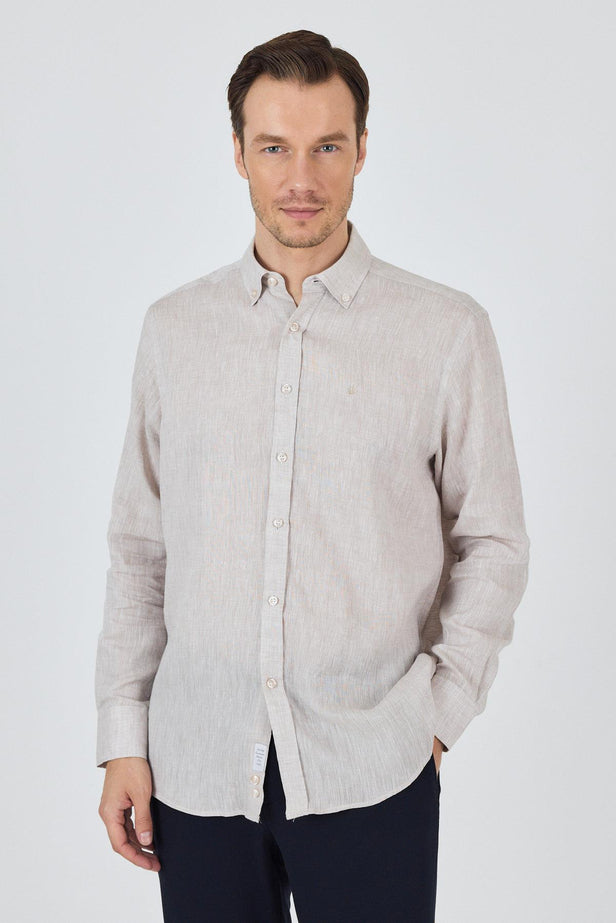 Long Sleeve Linen Button Collar Comfort Fit Shirt with Pocket (Model 1004250114)