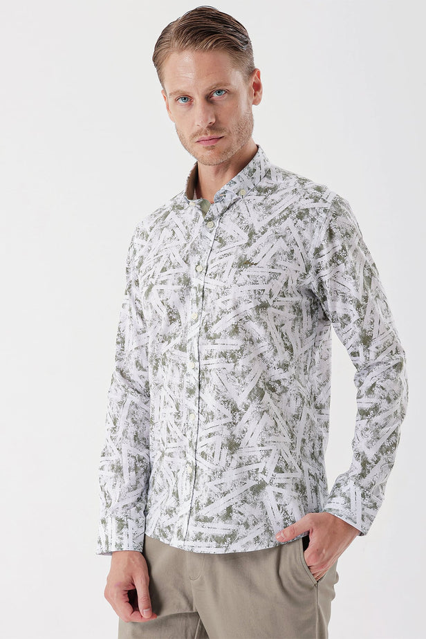White Long Sleeve Printed Pocketless Cotton Classic Slim Fit Shirt 1004230229