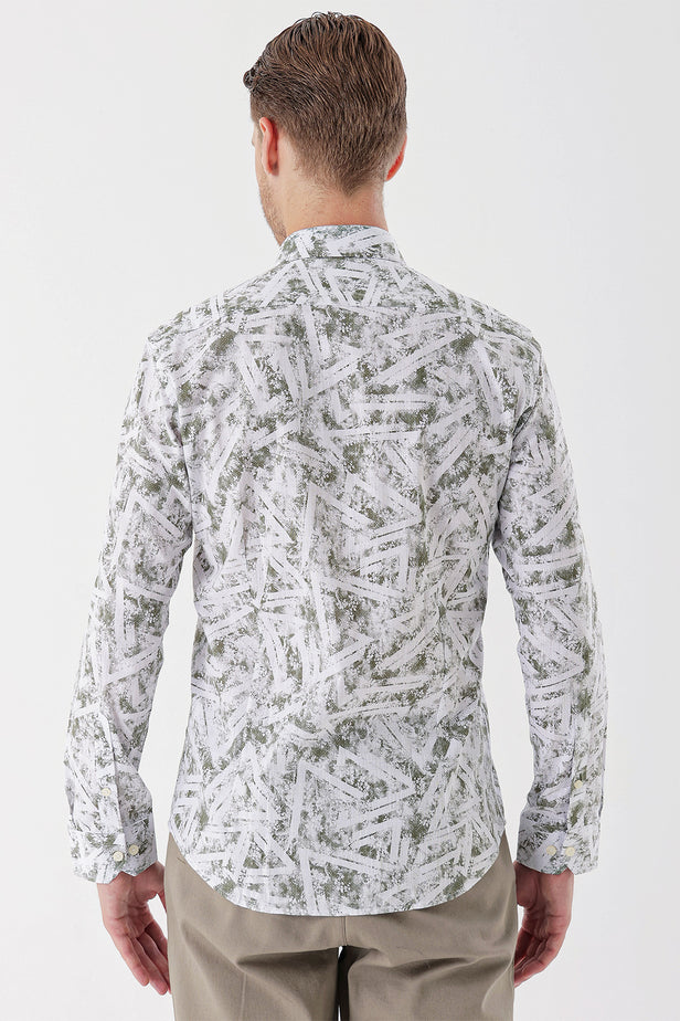 White Long Sleeve Printed Pocketless Cotton Classic Slim Fit Shirt 1004230229