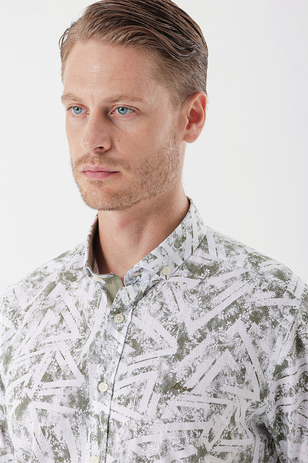 White Long Sleeve Printed Pocketless Cotton Classic Slim Fit Shirt 1004230229