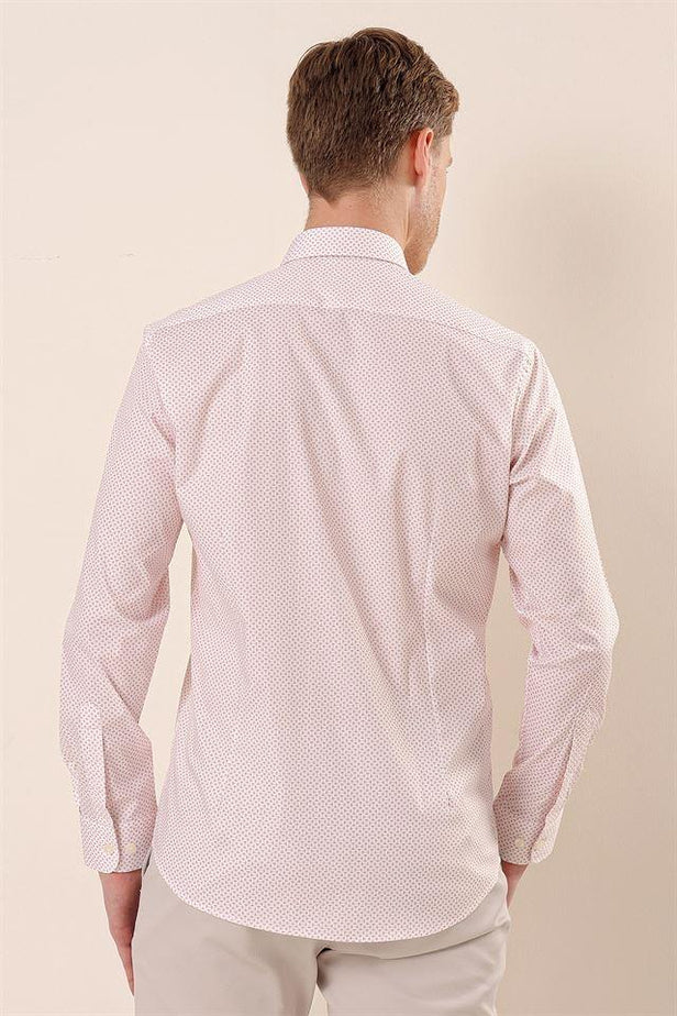 Salmon Long Sleeve Printed Pocketless Cotton Stretch Classic Slim Fit Shirt 1004230115