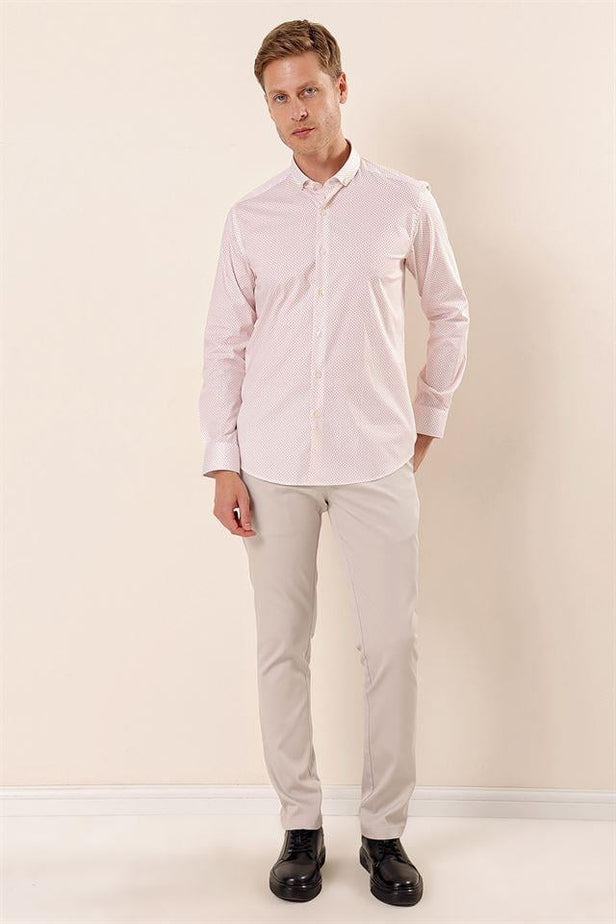 Salmon Long Sleeve Printed Pocketless Cotton Stretch Classic Slim Fit Shirt 1004230115