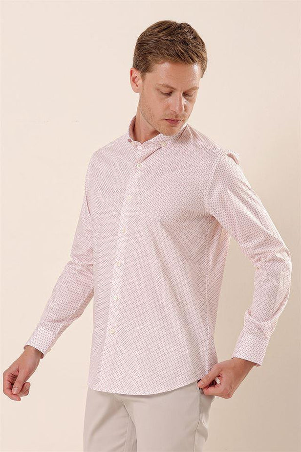 Salmon Long Sleeve Printed Pocketless Cotton Stretch Classic Slim Fit Shirt 1004230115