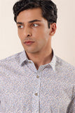Dark Blue Long Sleeve Printed Stiff Collar Pocketless Cotton Stretch Slim Fit Shirt 1004230135