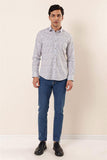Dark Blue Long Sleeve Printed Stiff Collar Pocketless Cotton Stretch Slim Fit Shirt 1004230135