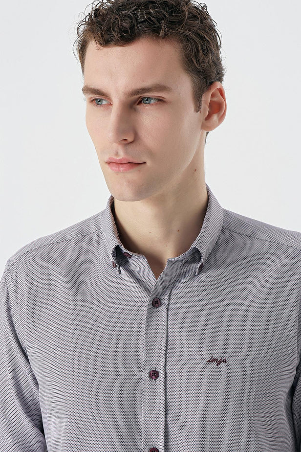 Burgundy Long Sleeve Textured Pocketless Slim Fit Shirt 1004235148