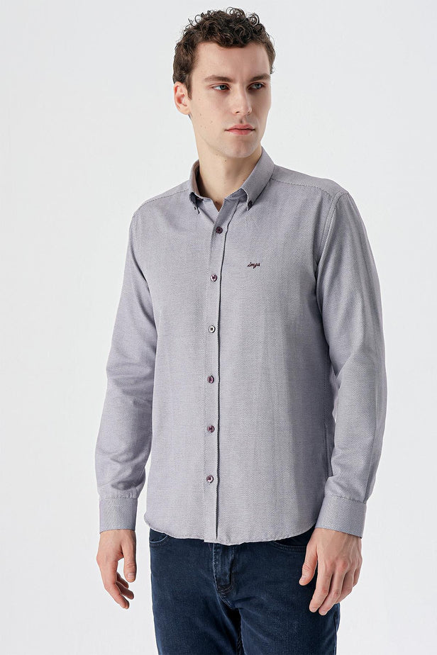 Burgundy Long Sleeve Textured Pocketless Slim Fit Shirt 1004235148