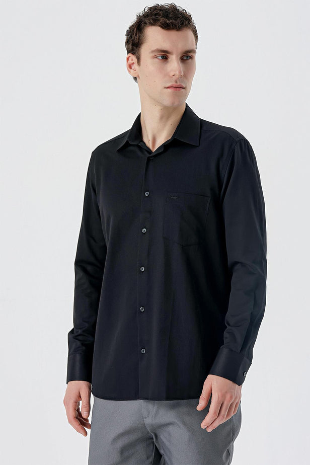 Long Sleeve Textured Hard Collar Pocket Comfort Fit Shirt 1004235151