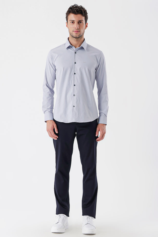 Gray Long Sleeve Textured Hard Collar Pocketless Slim Fit Shirt 1004235107