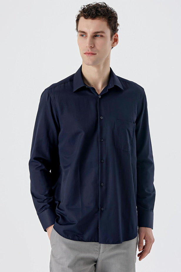 Long Sleeve Textured Hard Collar Pocket Comfort Fit Shirt 1004235151
