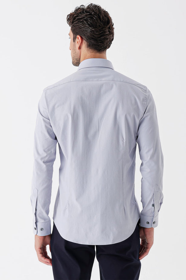 Gray Long Sleeve Textured Hard Collar Pocketless Slim Fit Shirt 1004235107