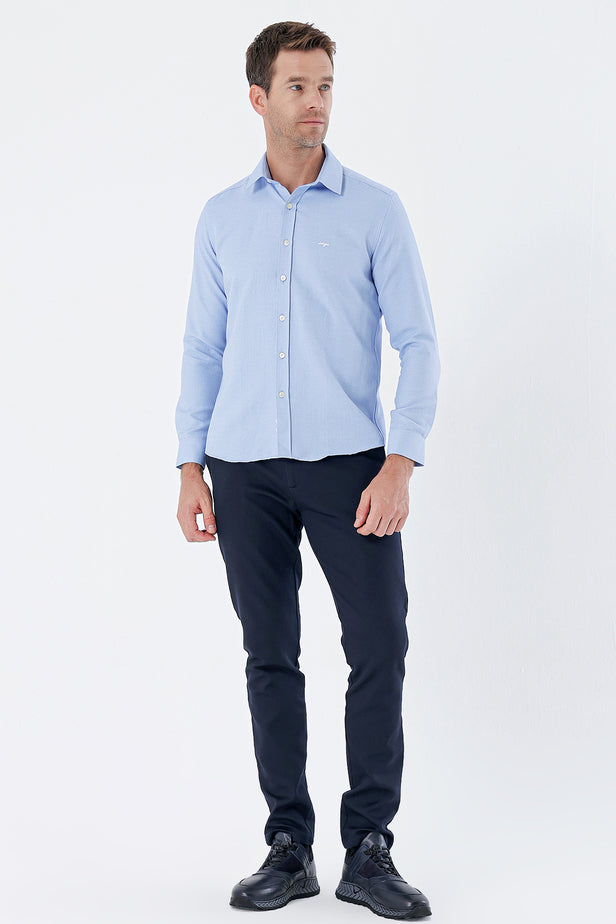 Navy Long Sleeve Textured Hard Collar Pocketless Slim Fit Shirt 1004235149