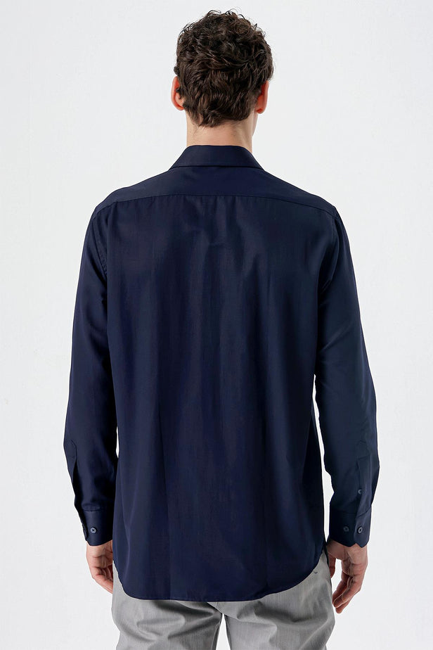Long Sleeve Textured Hard Collar Pocket Comfort Fit Shirt 1004235151