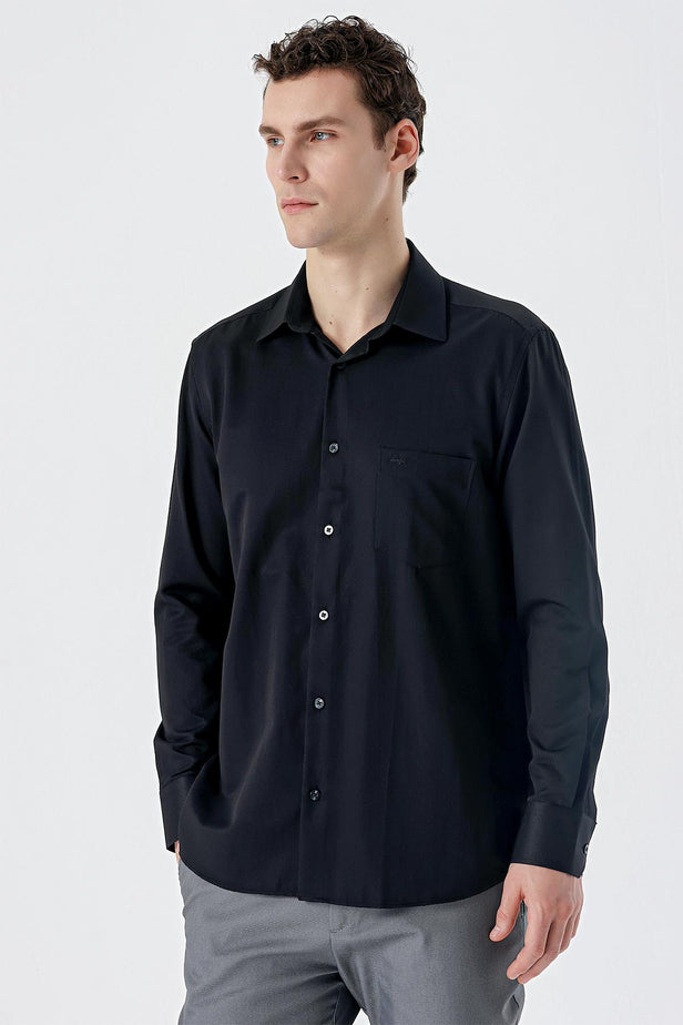 Long Sleeve Textured Hard Collar Pocket Comfort Fit Shirt 1004235151