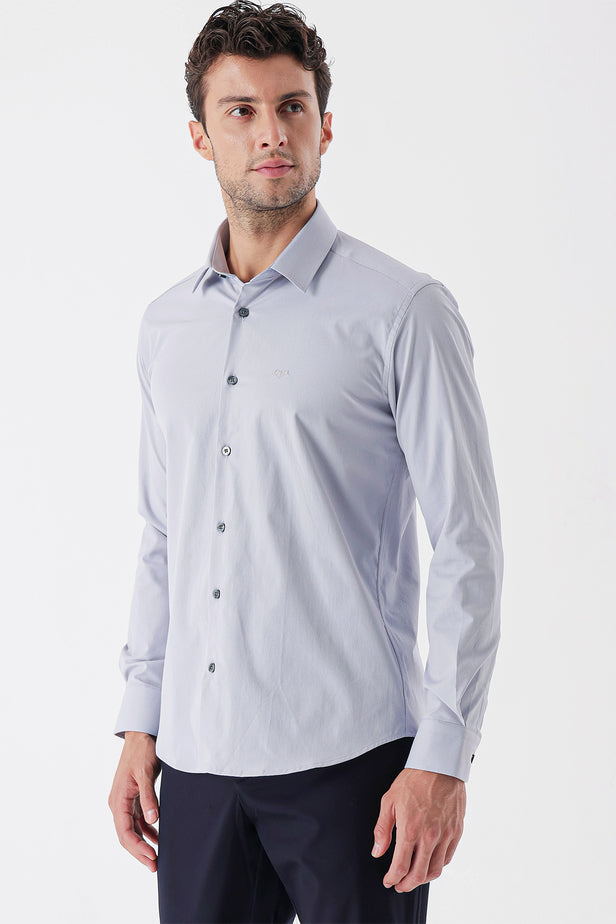Gray Long Sleeve Textured Hard Collar Pocketless Slim Fit Shirt 1004235107