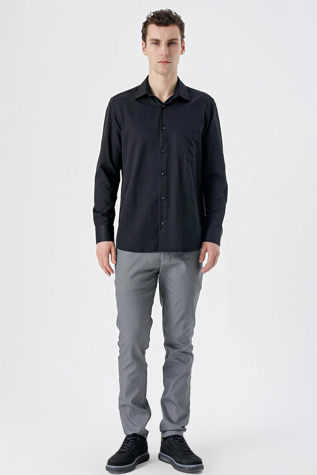 Long Sleeve Textured Hard Collar Pocket Comfort Fit Shirt 1004235151
