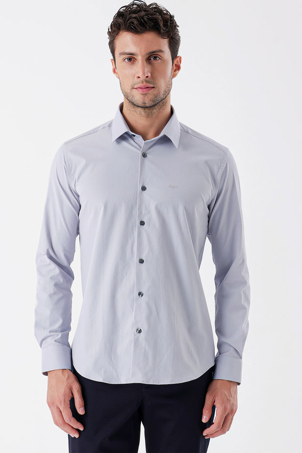 Gray Long Sleeve Textured Hard Collar Pocketless Slim Fit Shirt 1004235107