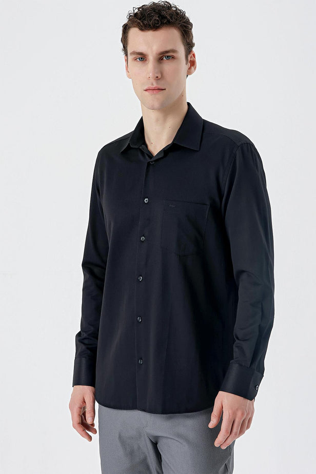 Long Sleeve Textured Hard Collar Pocket Comfort Fit Shirt 1004235151