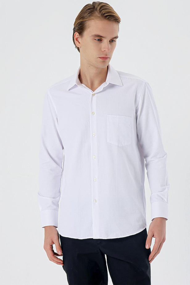 Long Sleeve Textured Hard Collar Pocket Comfort Fit Shirt 1004235151