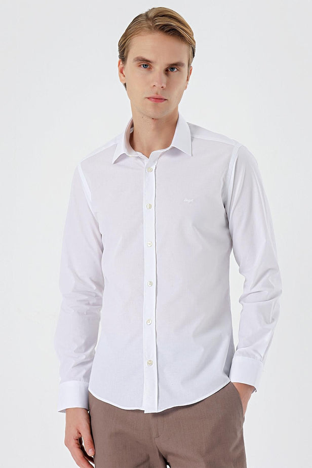 White Long Sleeve Filafil Hard Collar Pocketless Slim Fit Shirt 1004235008