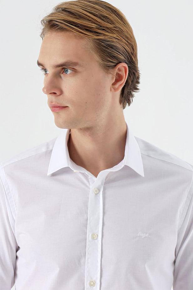 White Long Sleeve Filafil Hard Collar Pocketless Slim Fit Shirt 1004235008