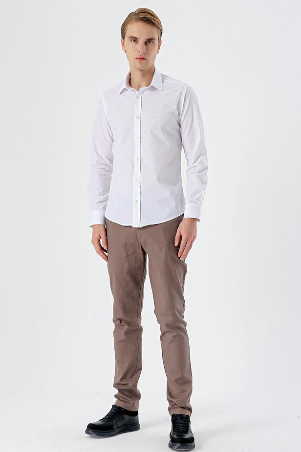 White Long Sleeve Filafil Hard Collar Pocketless Slim Fit Shirt 1004235008