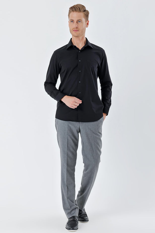 Black Long Sleeve Hard Collar Pocket Comfort Fit Cotton Shirt 1004230323