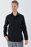 Black Long Sleeve Hard Collar Pocket Comfort Fit Cotton Shirt 1004230323