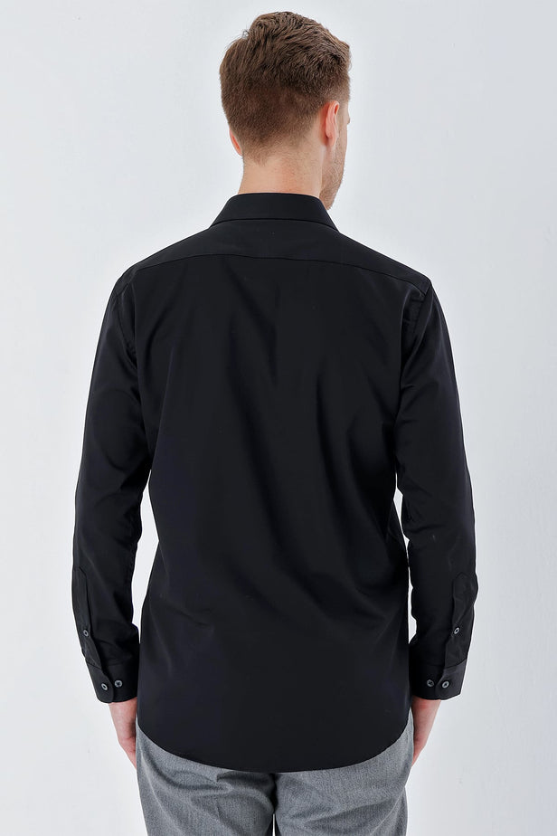 Black Long Sleeve Hard Collar Pocket Comfort Fit Cotton Shirt 1004230323