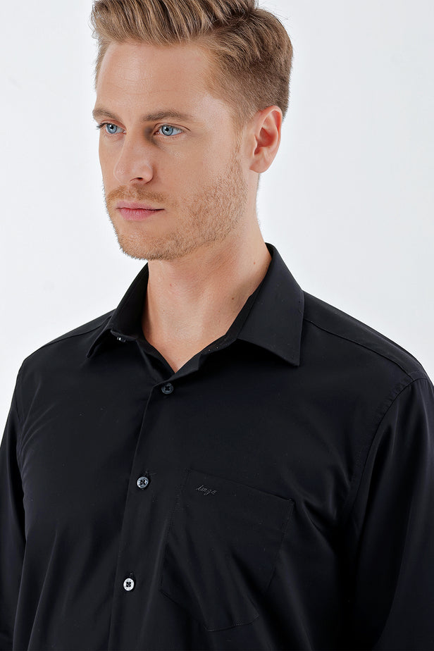 Black Long Sleeve Hard Collar Pocket Comfort Fit Cotton Shirt 1004230323