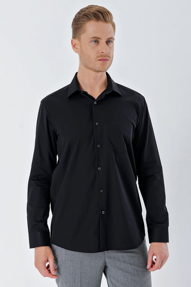 Black Long Sleeve Hard Collar Pocket Comfort Fit Cotton Shirt 1004230323
