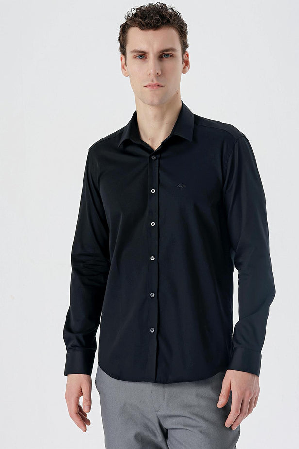 Long Sleeve Hard Collar Pocketless Slim Fit Cotton Shirt 1004235424