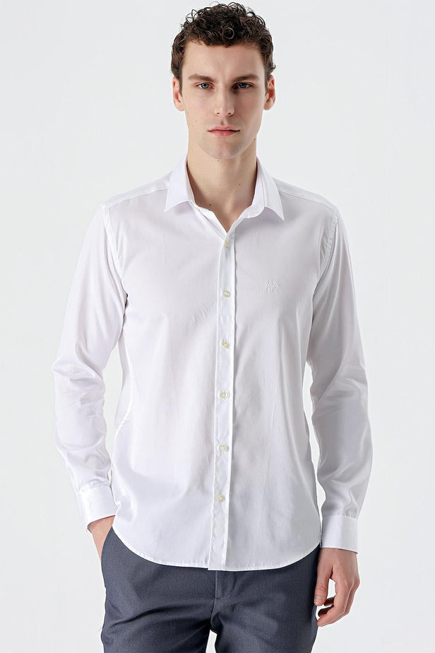 Long Sleeve Hard Collar Pocketless Slim Fit Cotton Shirt 1004235424